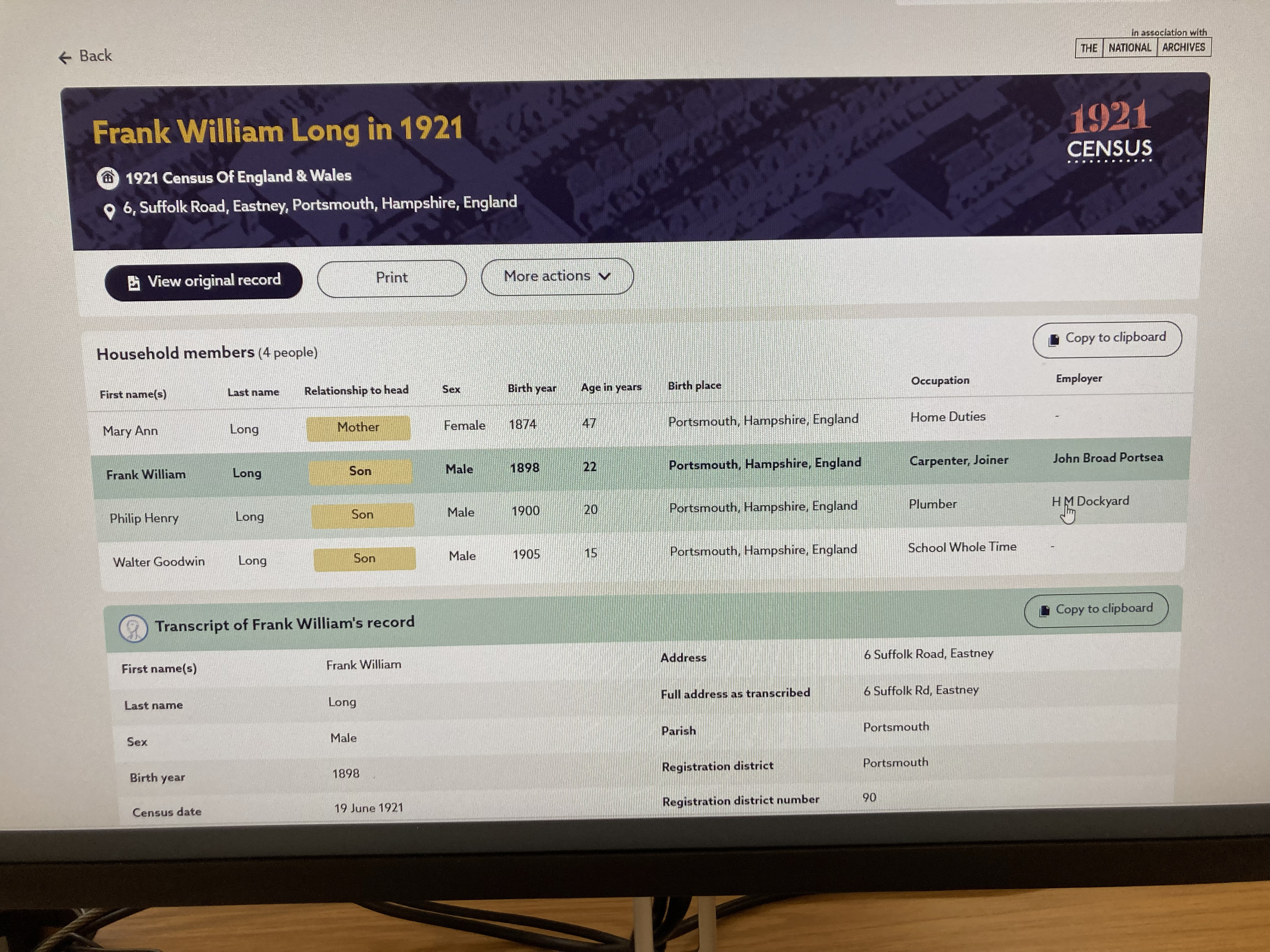 LONG - 1921 census transcript