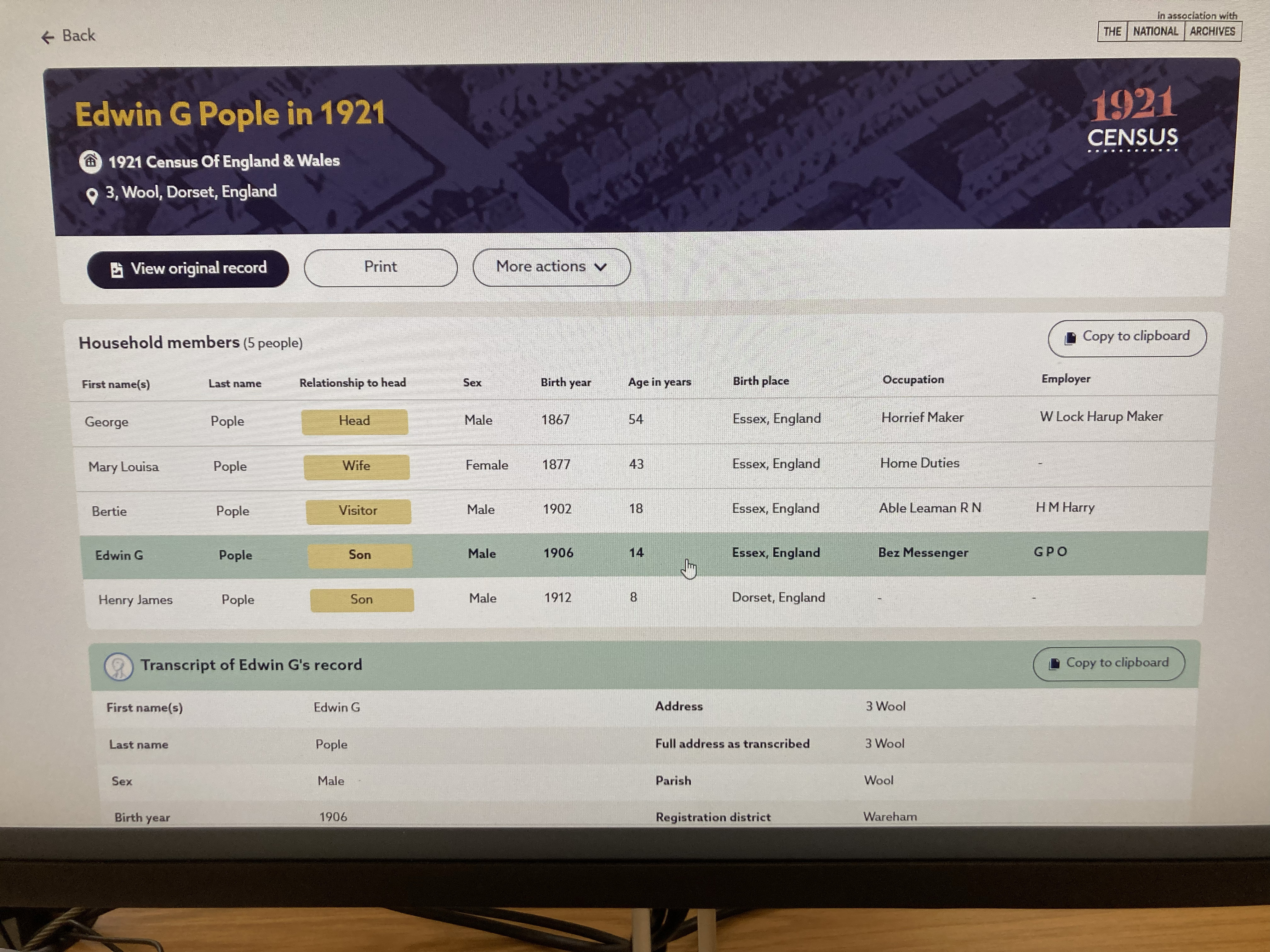 POPLE - 1921 census transcript