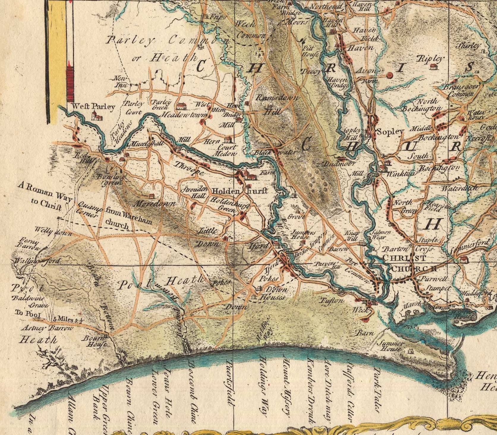 1759 Section of a map of Hampshire by Isaac Taylor, showing the Manor of Christchurch and the area around the Bourne chine..jpg