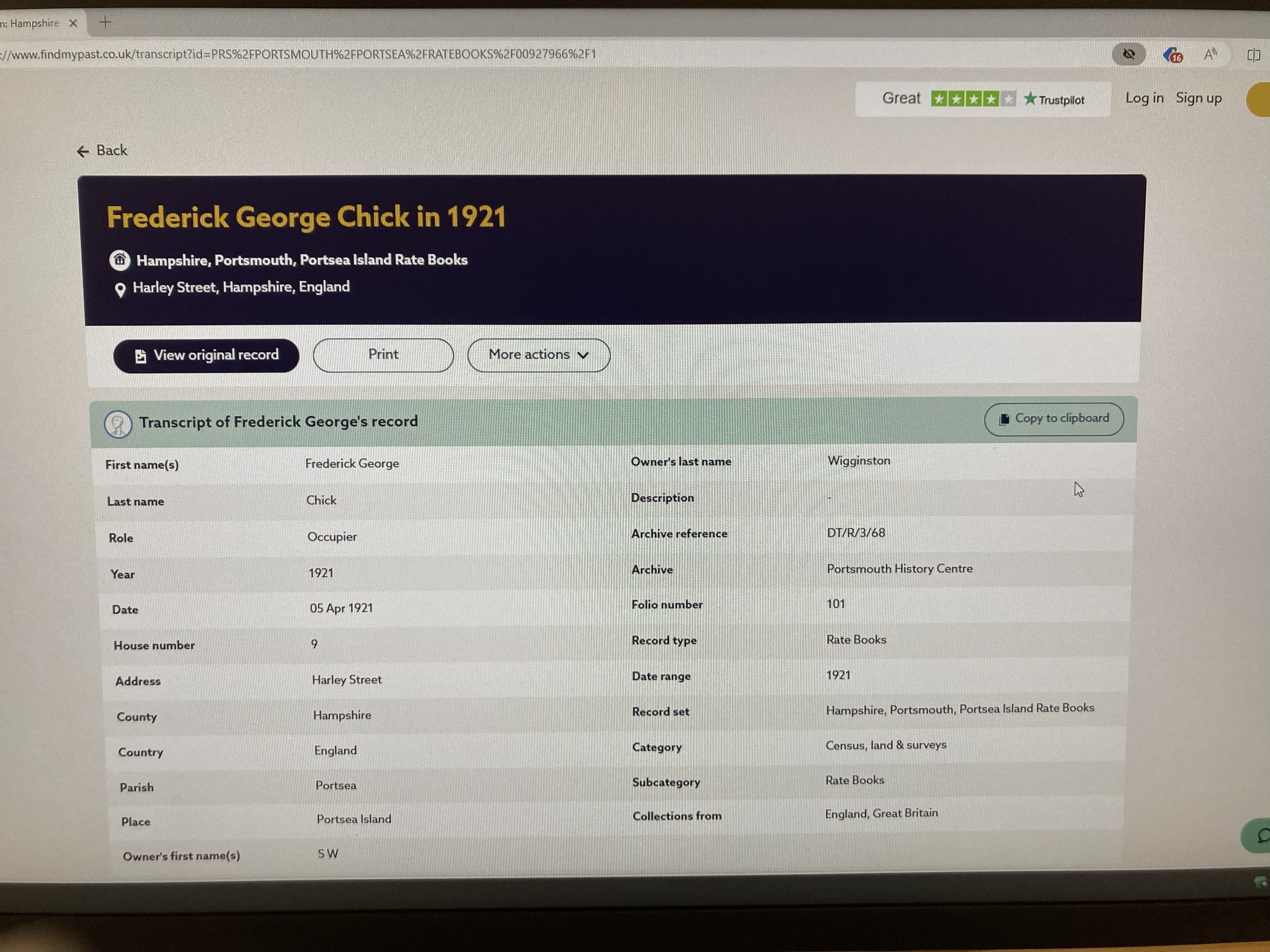 CHICK - 1921 census transcript